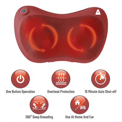 TRAKK Shiatsu Back & Shoulder Neck Heated Full Body Relief Massager Pillow, Red