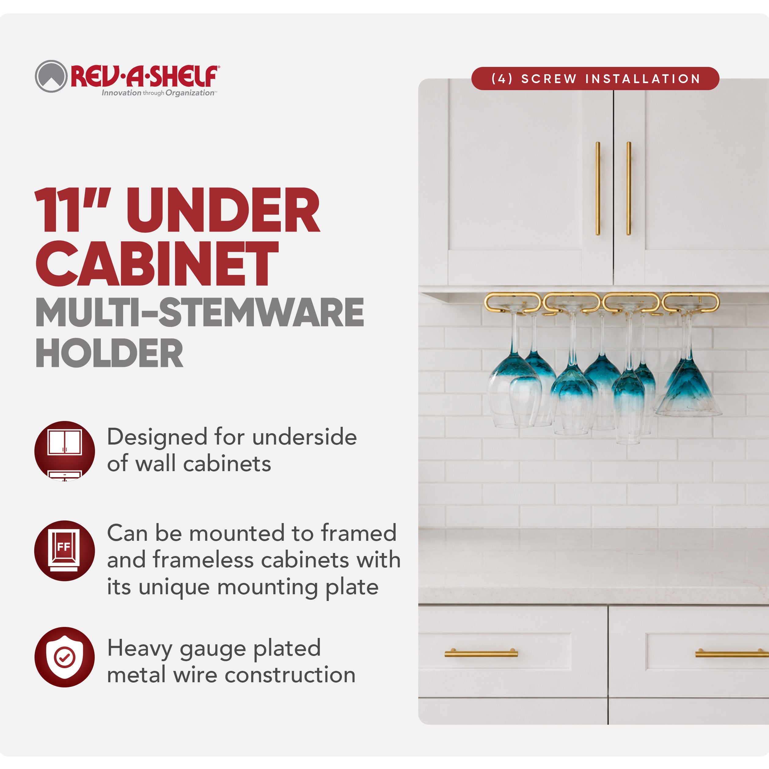 Rev-A-Shelf 11" Quad Under Cabinet Glass & Stemware Holder, Brass, 3450-11BR