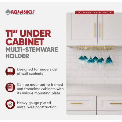 Rev-A-Shelf 11" Quad Under Cabinet Glass & Stemware Holder, Brass, 3450-11BR