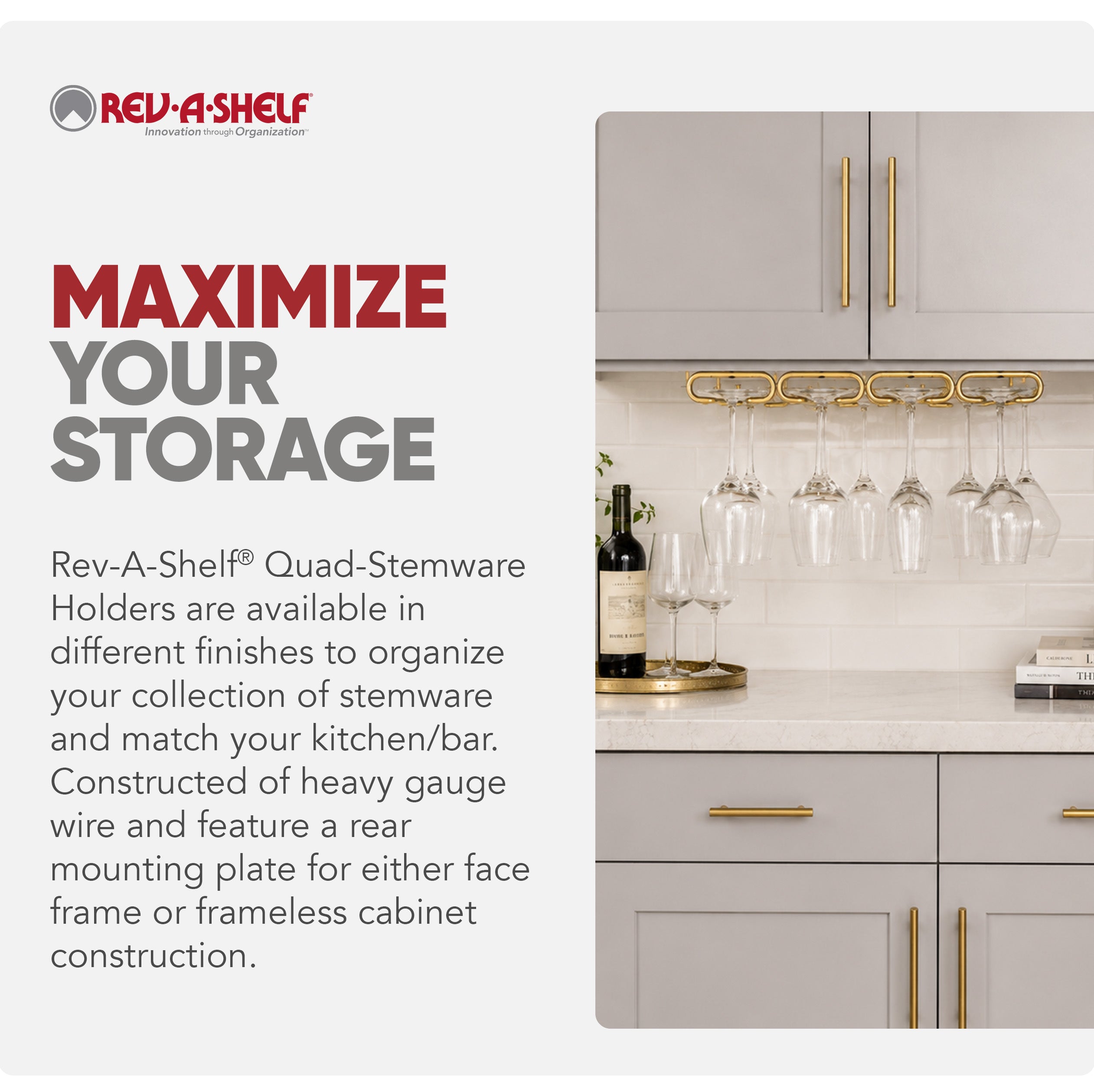 Rev-A-Shelf 11" Quad Under Cabinet Glass & Stemware Holder, Brass, 3450-11BR