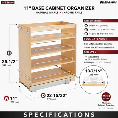 Rev-A-Shelf 11" Pullout Kitchen Cabinet Organizer Pantry Spice Rack, 448-BC-11C