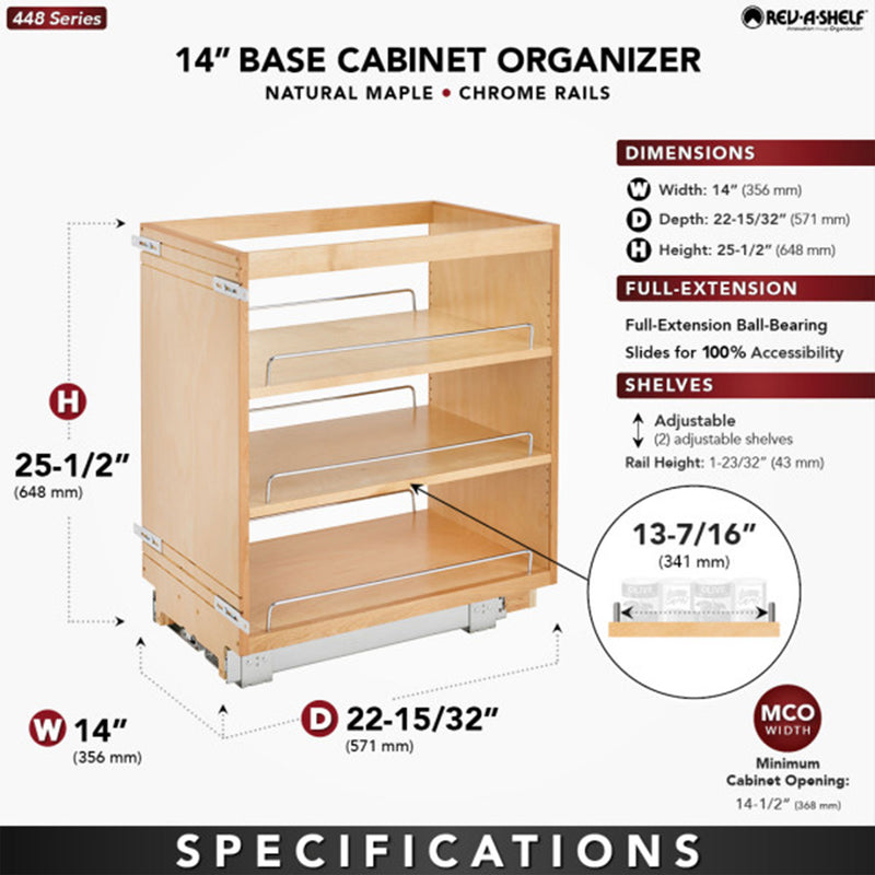 Rev-A-Shelf 14" Pullout Kitchen Cabinet Organizer Pantry Spice Rack, 448-BC-14C