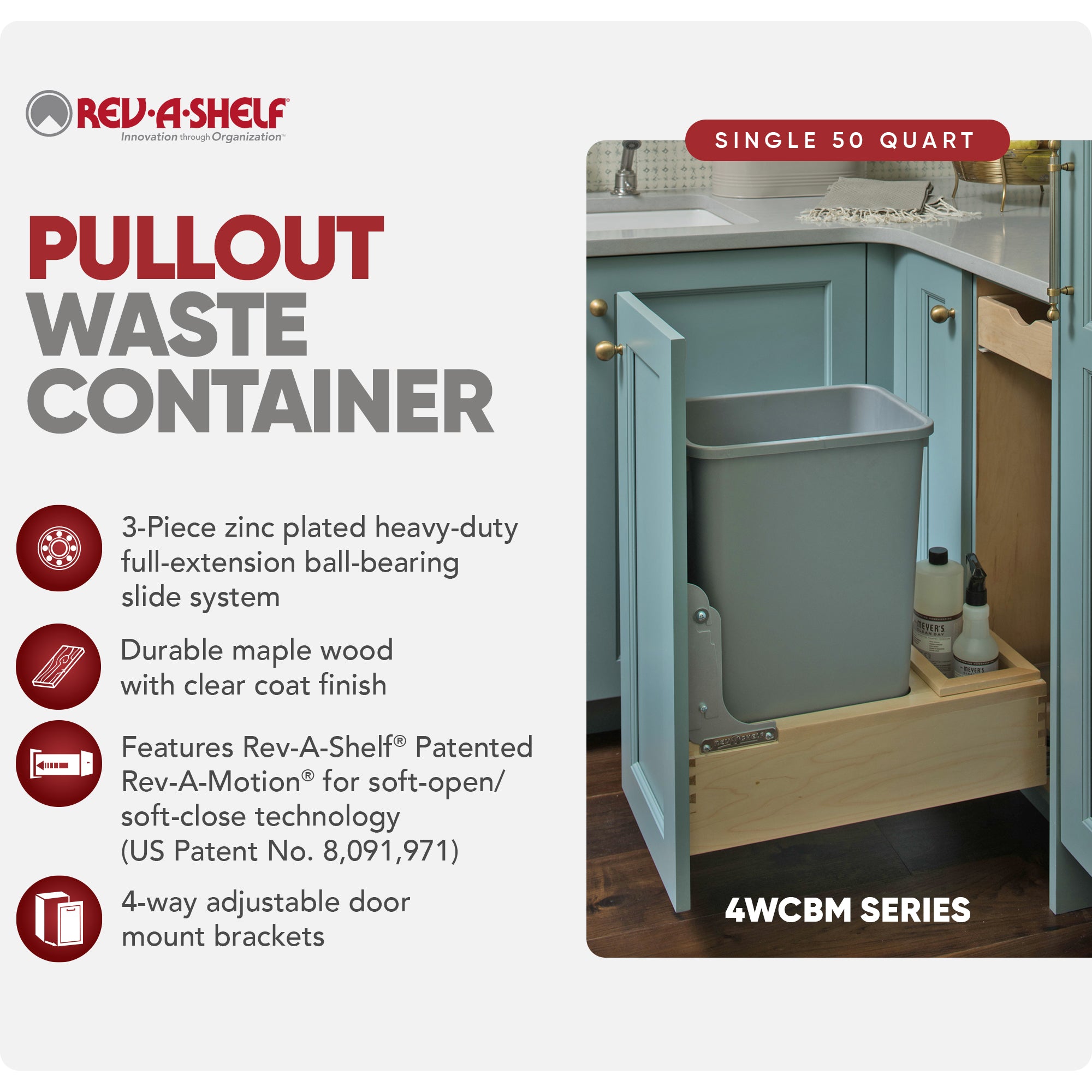 Rev-A-Shelf Pullout Trash Can 50 qt. w/Soft-close Soft-open, 4WCBM-1550DM-1 - VMInnovations