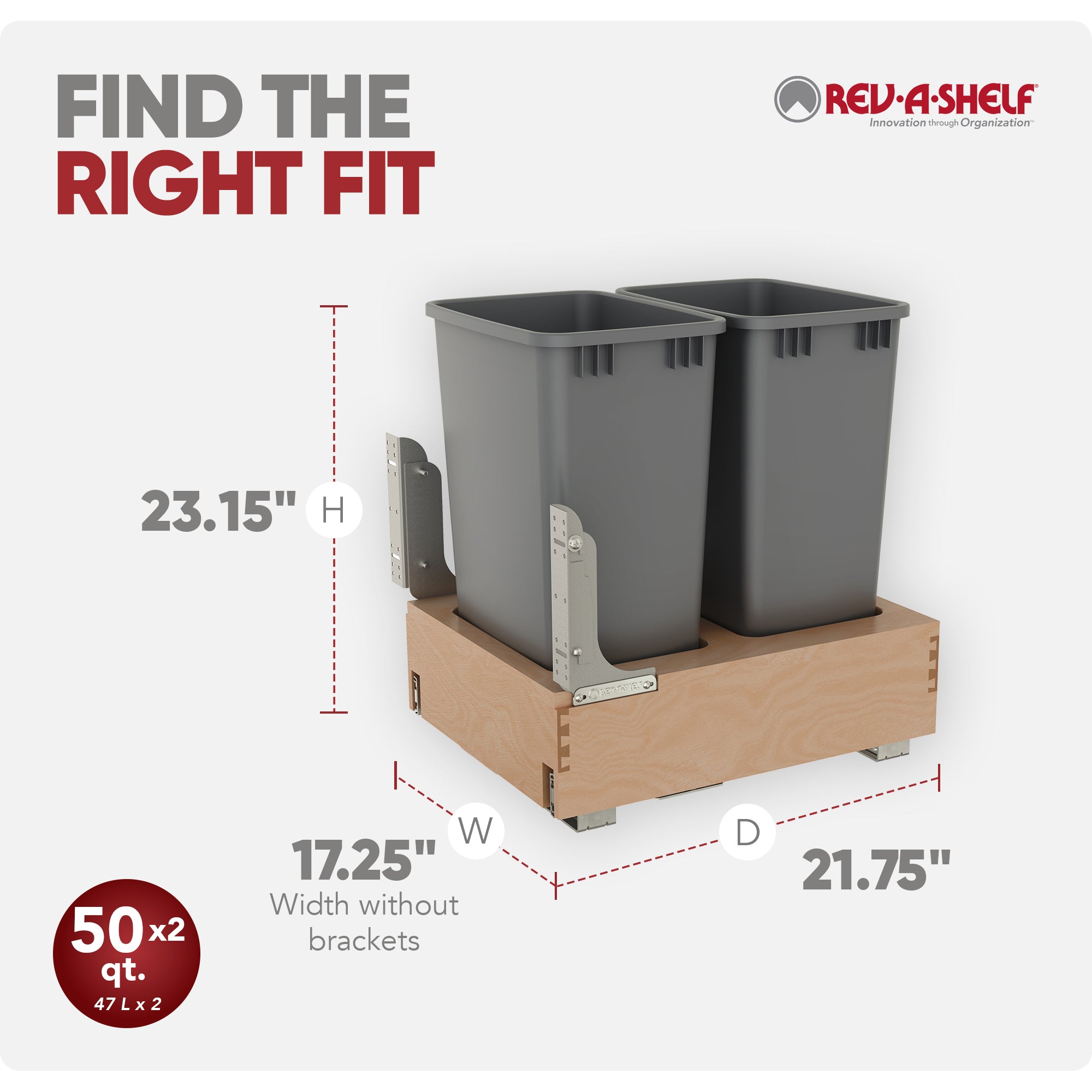 Rev-A-Shelf Double Pullout Bottom Mount Trash Cans 50 qt., Gray, 4WCBM-2150DM-2 - VMInnovations