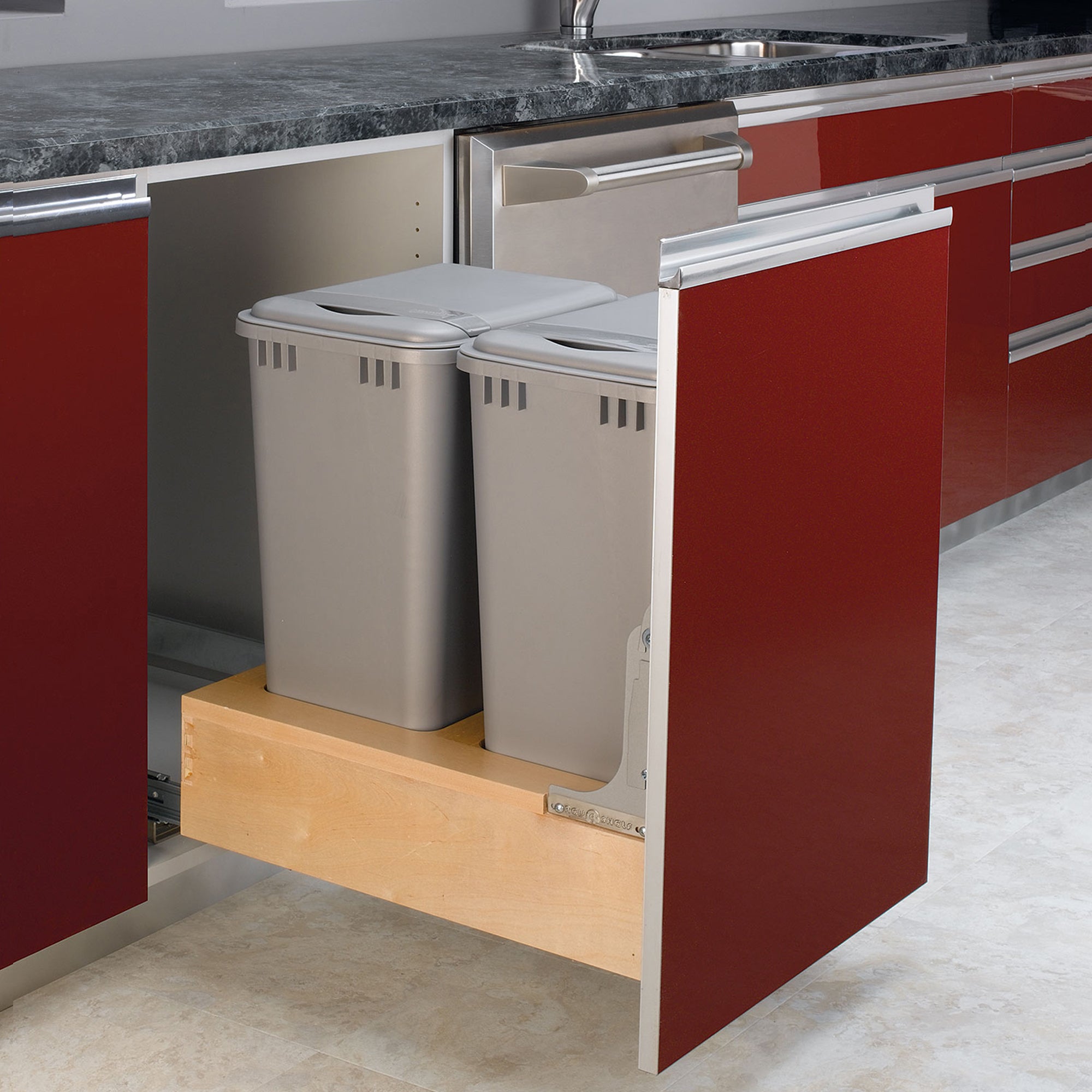 Rev-A-Shelf Double Pullout Bottom Mount Trash Cans 50 qt., Gray, 4WCBM-2150DM-2 - VMInnovations