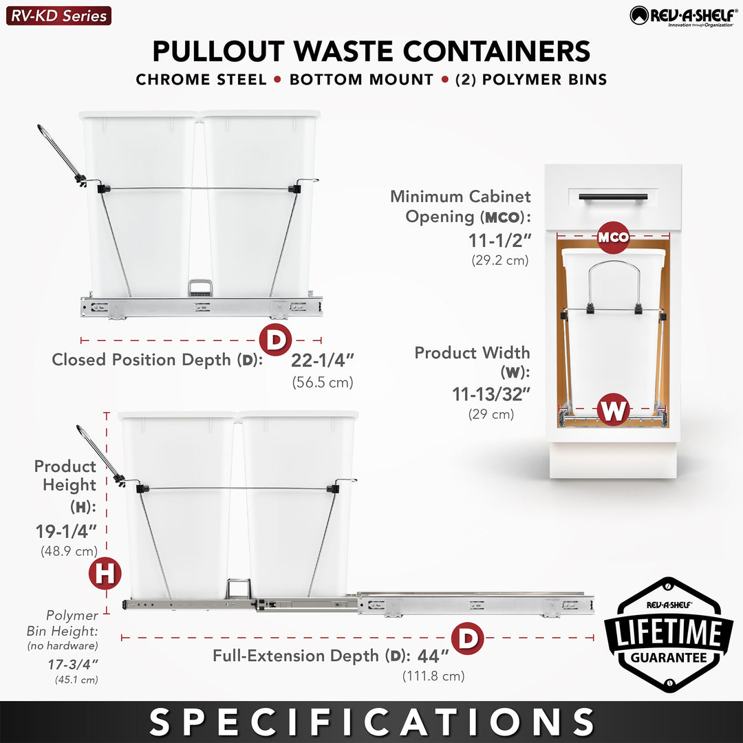 Rev-A-Shelf Double Pullout Trash Can 27 qt. for Kitchen, RV-15KD-2218C-S