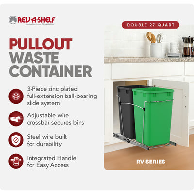 Rev-A-Shelf Double Pullout Trash Can 27 qt. for Kitchen, Green, RV-15KD-1918C-S