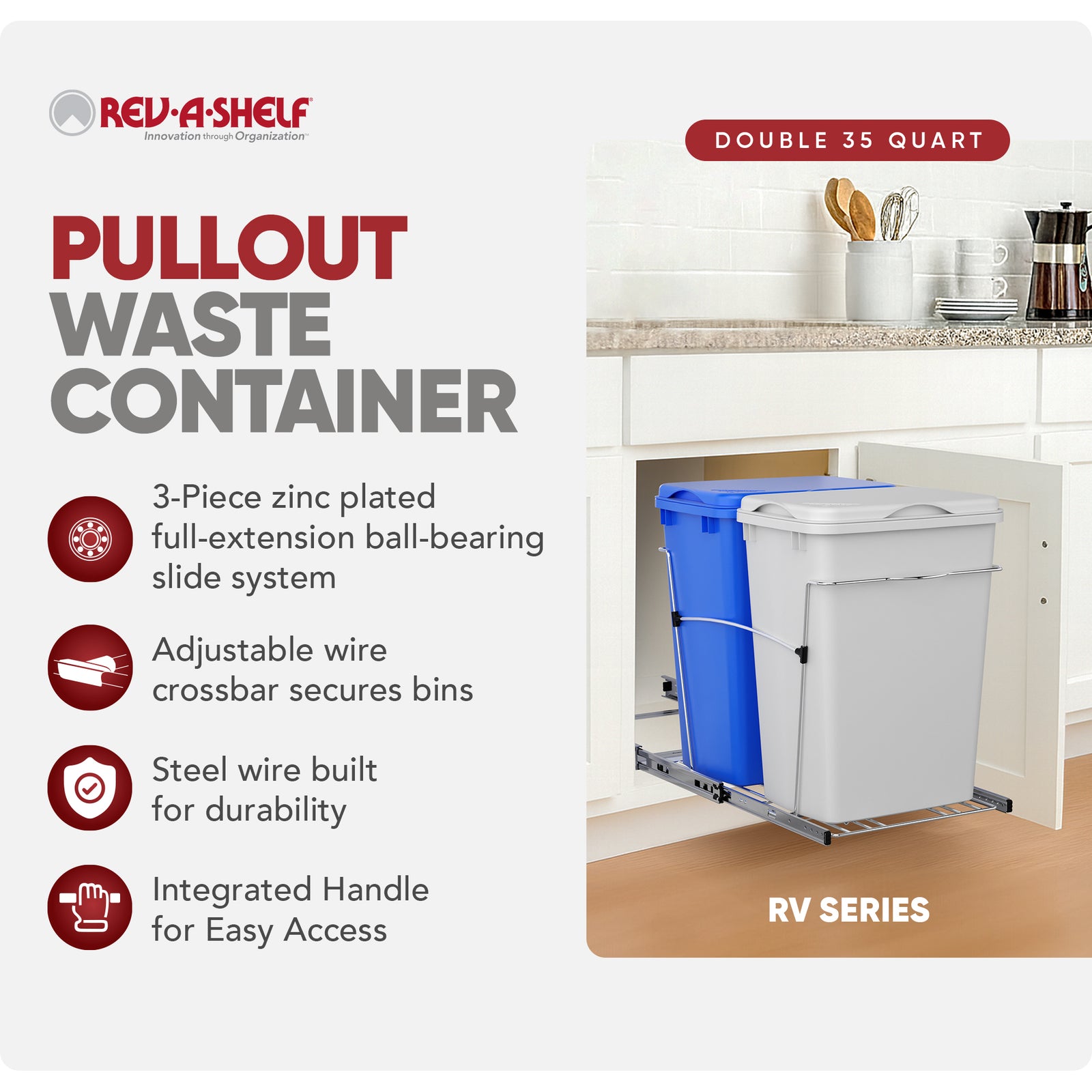 Rev-A-Shelf Double Pullout Trash Can 35 qt. for Kitchen, RV-18KD-11RC-S - VMInnovations