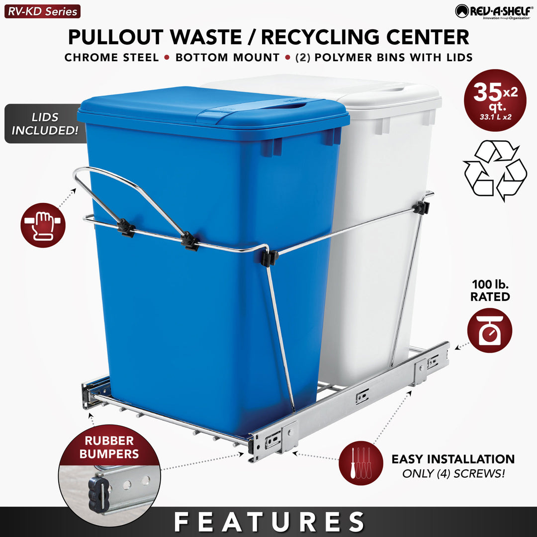 Rev-A-Shelf Double Pullout Trash Can 35 qt. for Kitchen, RV-18KD-11RC-S