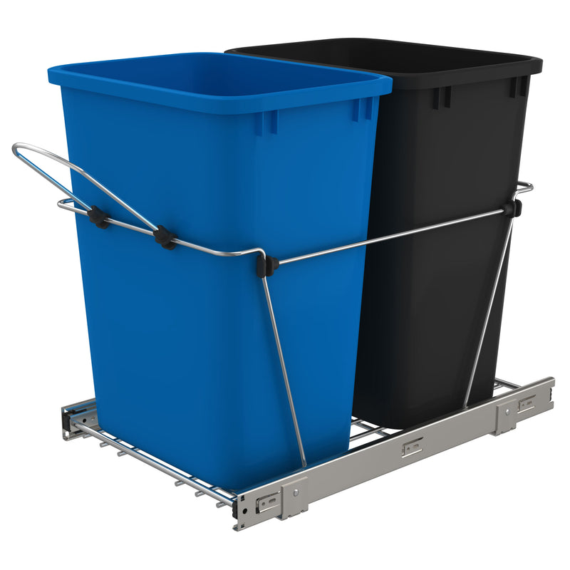 Rev-A-Shelf Double Pull Out Trash Can 35 Qt for Kitchen, Blue, RV-18KD-2218C-S