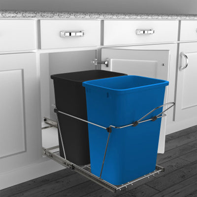 Rev-A-Shelf Double Pullout Trash Can 35 qt. for Kitchen, Blue, RV-18KD-2218C-S