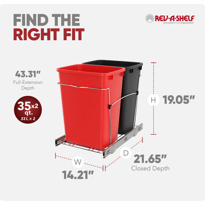 Rev-A-Shelf Double Pullout Trash Can 35 qt. for Kitchen, Red, RV-18KD-1618C-S - VMInnovations