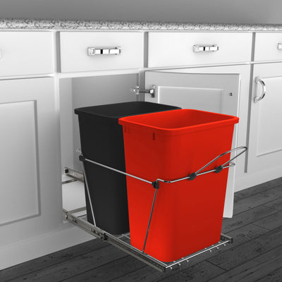 Rev-A-Shelf Double Pull Out Trash Can 35 Qt for Kitchen, RedBlk, RV-18KD-1618C-S