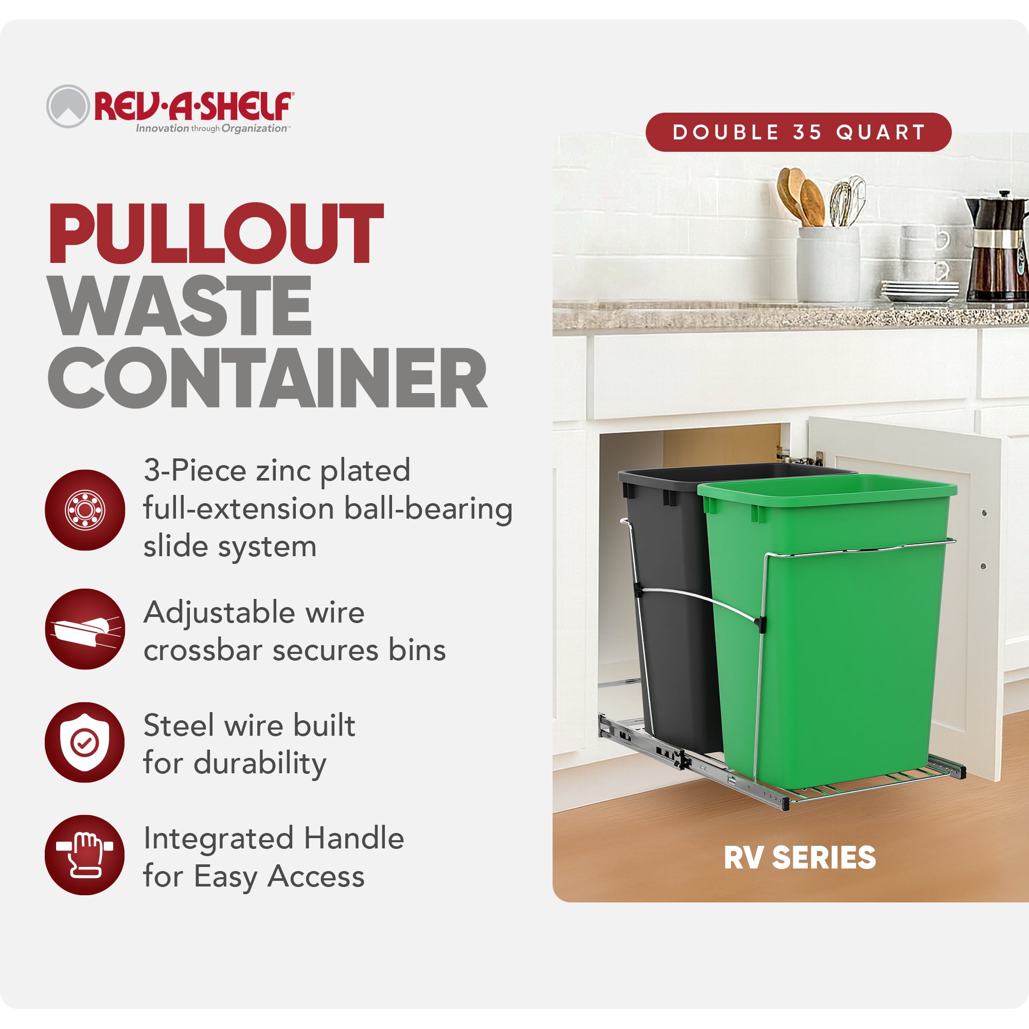 Rev-A-Shelf Double Pullout Trash Can 35 qt. for Kitchen, RV-18KD-1918C-S - VMInnovations