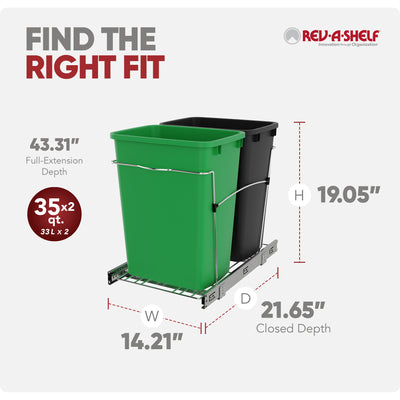 Rev-A-Shelf Double Pullout Trash Can 35 qt. for Kitchen, RV-18KD-1918C-S - VMInnovations