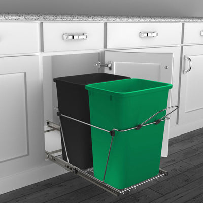 Rev-A-Shelf Double Pull Out Trash Can 35 Qt for Kitchen, Green, RV-18KD-1918C-S
