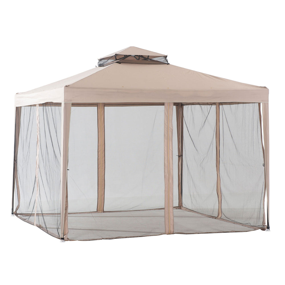 Sunjoy 10 x 10 Foot Hampton Soft Top Steel Gazebo w/ Netting, Brown (Open Box) - VMInnovations
