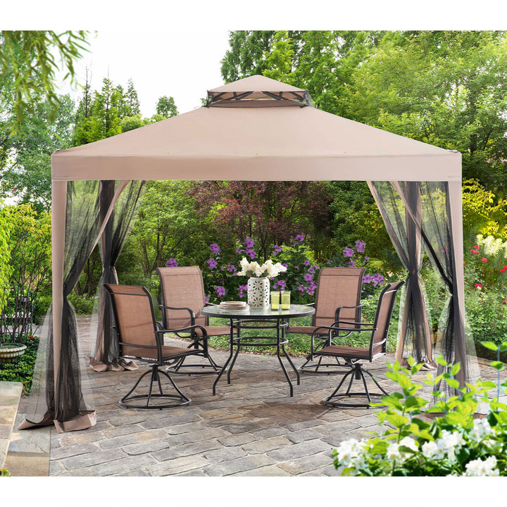Sunjoy 10 x 10 Foot Hampton Soft Top Steel Gazebo w/ Netting, Brown (Open Box) - VMInnovations