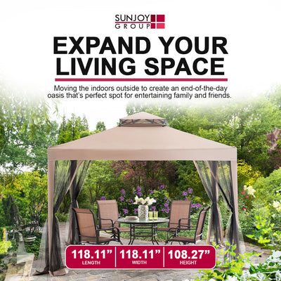 Sunjoy 10 x 10 Foot Hampton Soft Top Steel Gazebo w/ Netting, Brown (Open Box) - VMInnovations