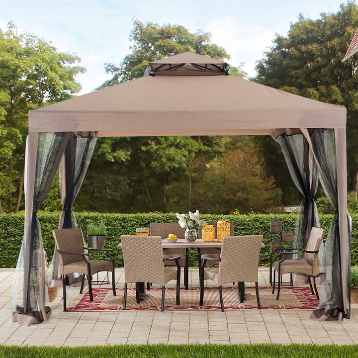 Sunjoy 10 x 10 Foot Hampton Soft Top Steel Gazebo with Mosquito Netting, Brown - VMInnovations