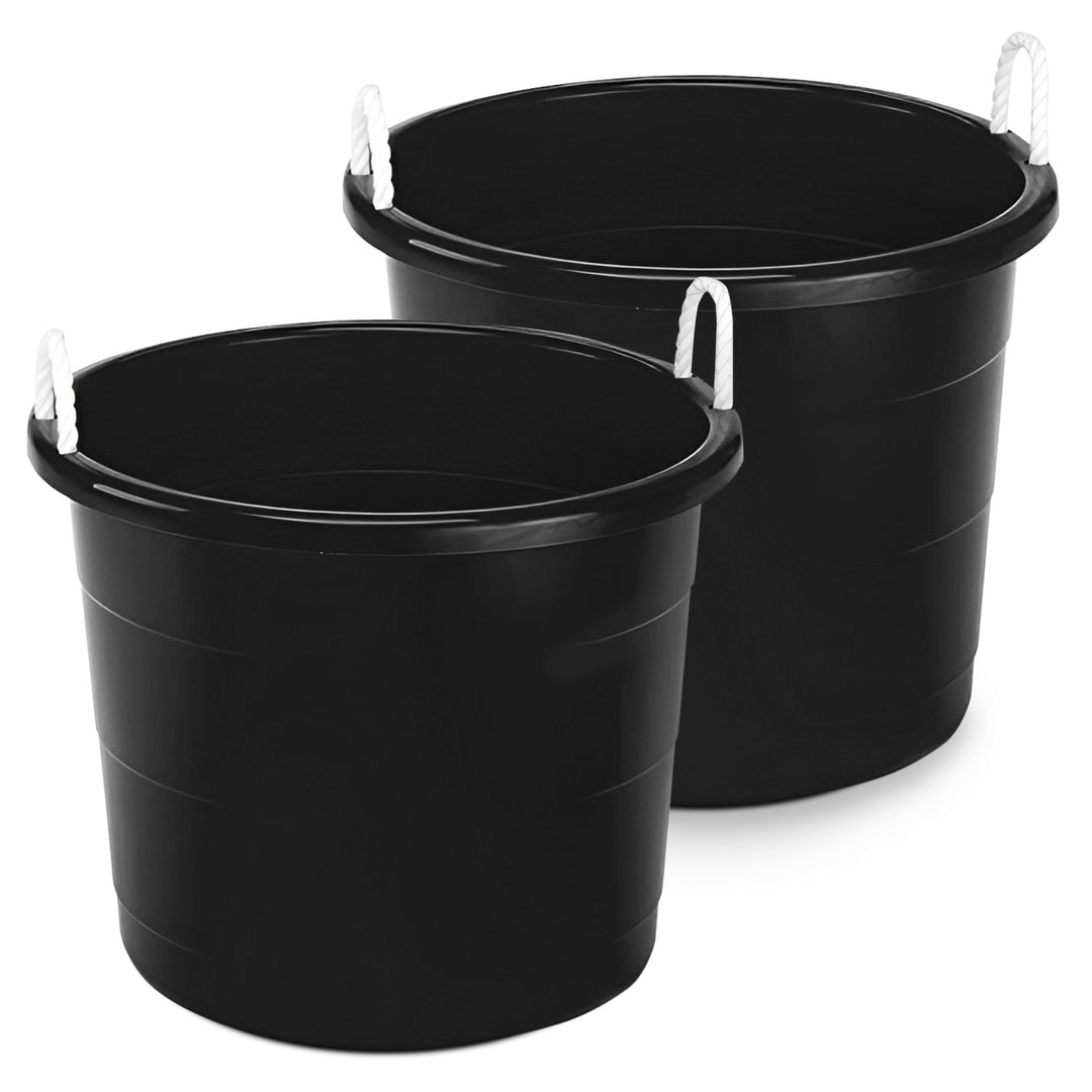 Homz 18 Gal Plastic Utility Storage Bucket Tub w/ Rope Handles, Black, (2 Pack)