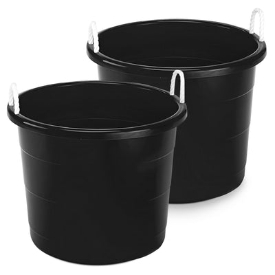 Homz 18 Gallon Plastic Utility Storage Bucket Tub w/ Rope Handles, Black, 2 Pack (Refurbished)