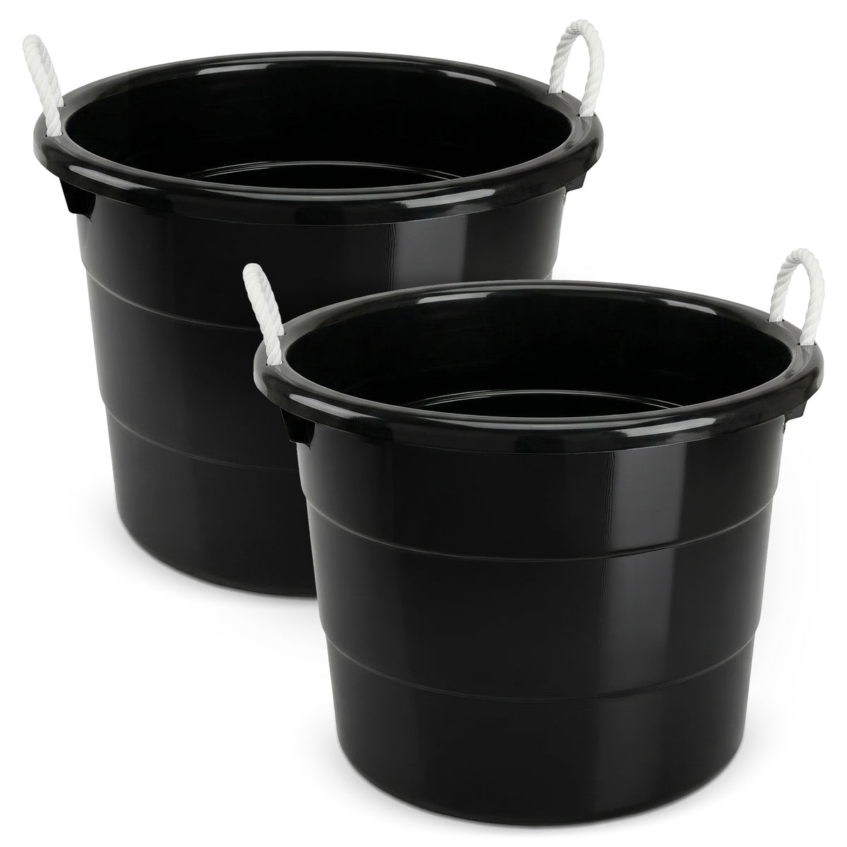 Homz 18 Gallon Plastic Utility Storage Bucket Tub w/ Rope Handles, Black, 2 Pack (Refurbished)