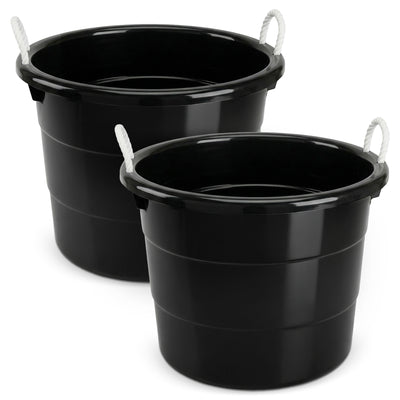 Homz 18 Gallon Plastic Utility Storage Bucket Tub w/ Rope Handles, Black, 2 Pack (Refurbished)