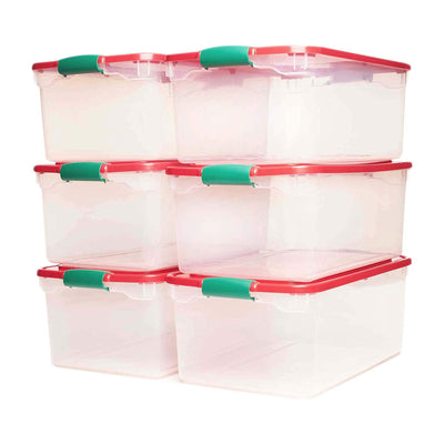 Homz 64 Qt Holiday Seasonal Decor Plastic Storage Bin with Latching Lid, 6 Pack