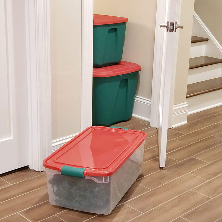 Homz 64 Qt Holiday Seasonal Decor Plastic Storage Bin with Latching Lid, 6 Pack