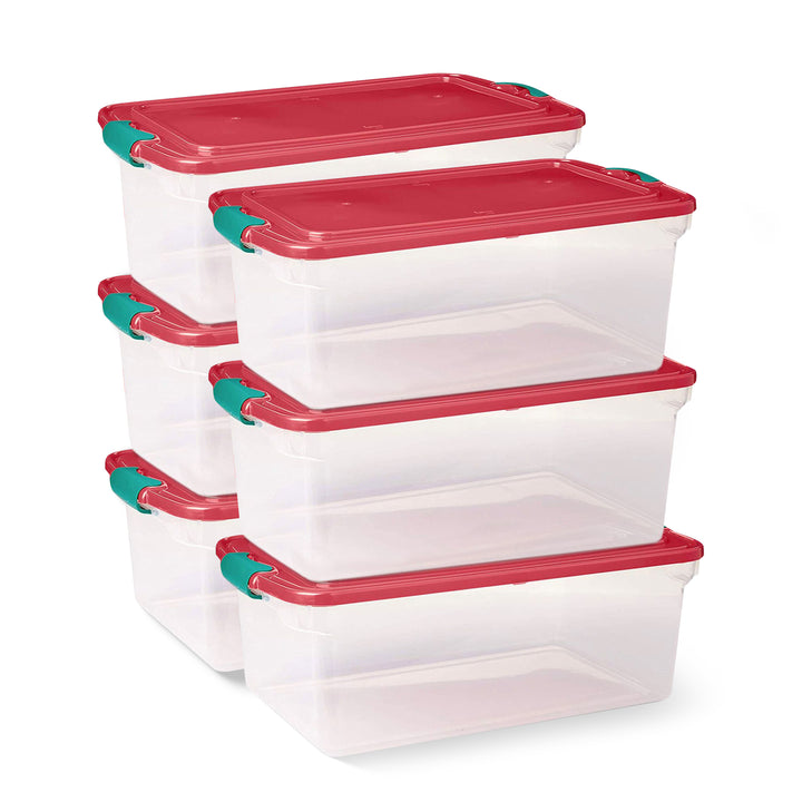Homz 64 Qt Holiday Seasonal Decor Plastic Storage Bin with Latching Lid, 6 Pack