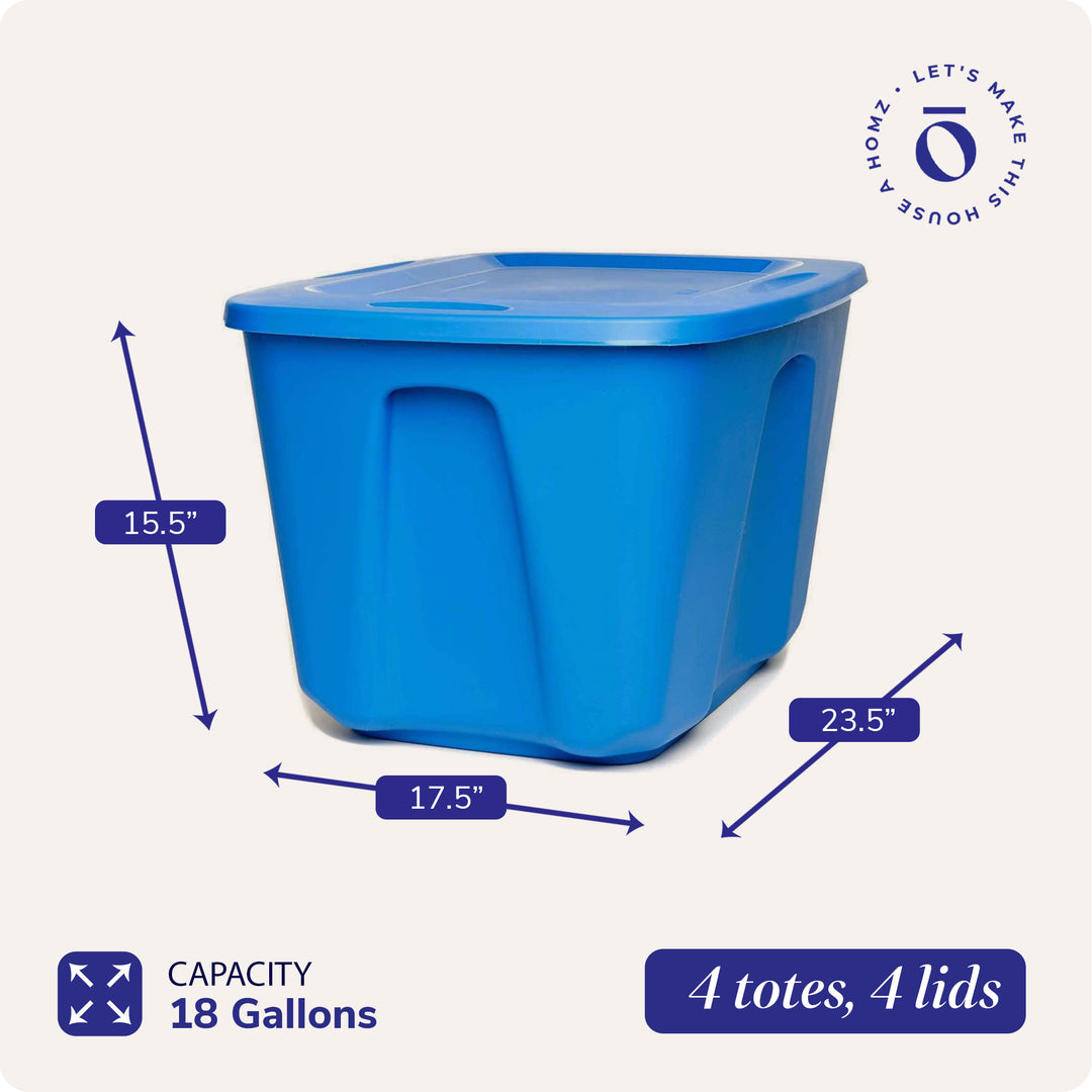 Homz 18 Gallon Standard Plastic Storage Container with Secure Lid, Blue, 4 Pack