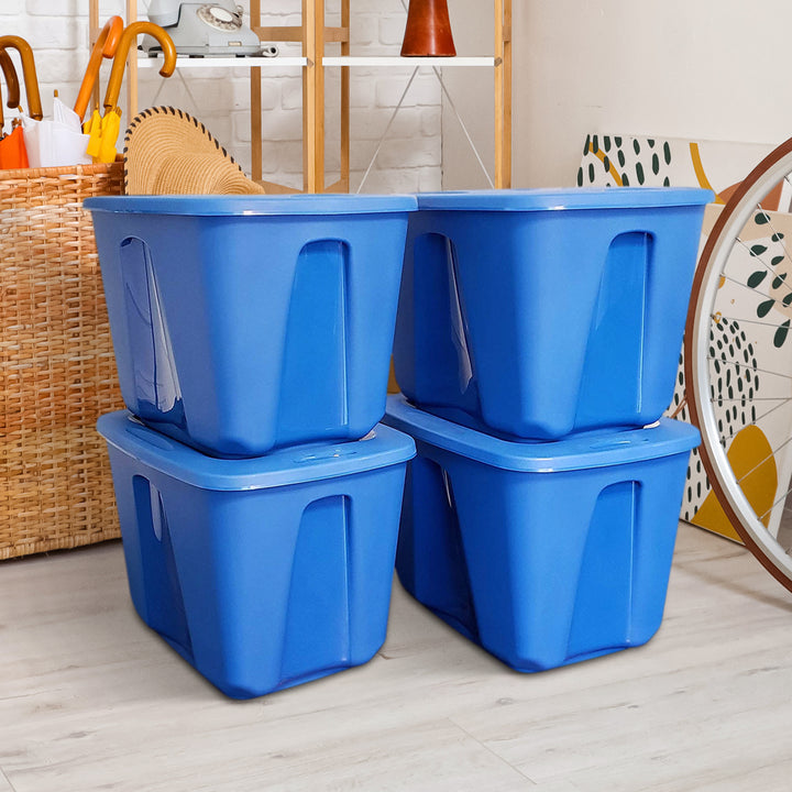 Homz 18 Gallon Standard Plastic Storage Container with Secure Lid, Blue, 4 Pack