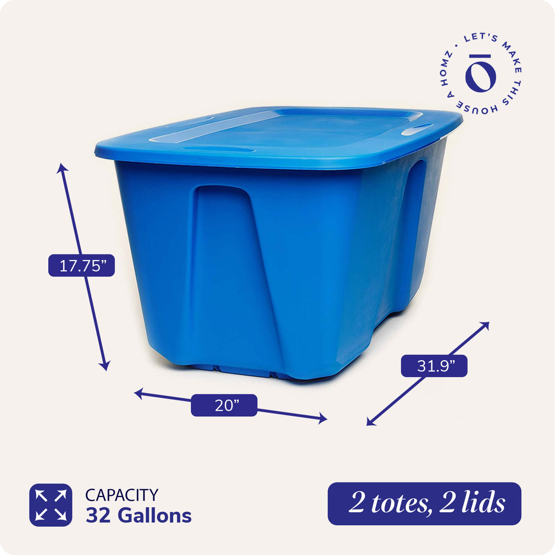 Homz 32 Gallon Standard Plastic Storage Container with Secure Lid, Blue, 2 Pack