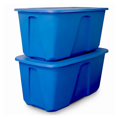Homz 32 Gallon Plastic Storage Container w/ Secure Lid, Blue, 2 Pack (Open Box) - VMInnovations