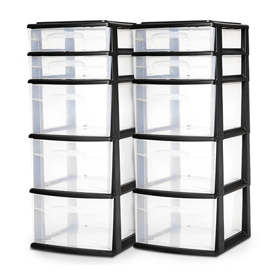 Plastic 5 Drawer Medium Home Storage Container Tower, Black Frame, 2 Pack (Used) - VMInnovations