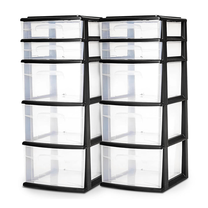 Homz Plastic 5 Drawer Home Storage Container Tower, Black Frame, 2pk(Open Box)