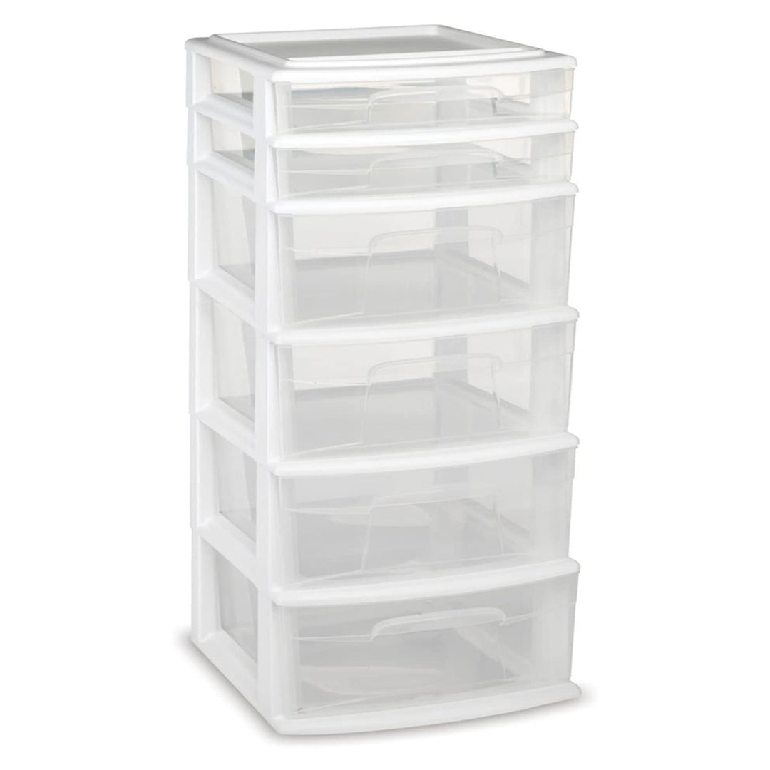 Homz Plastic 6 Clear Drawer Medium Home Storage Container Tower, White Frame - VMInnovations