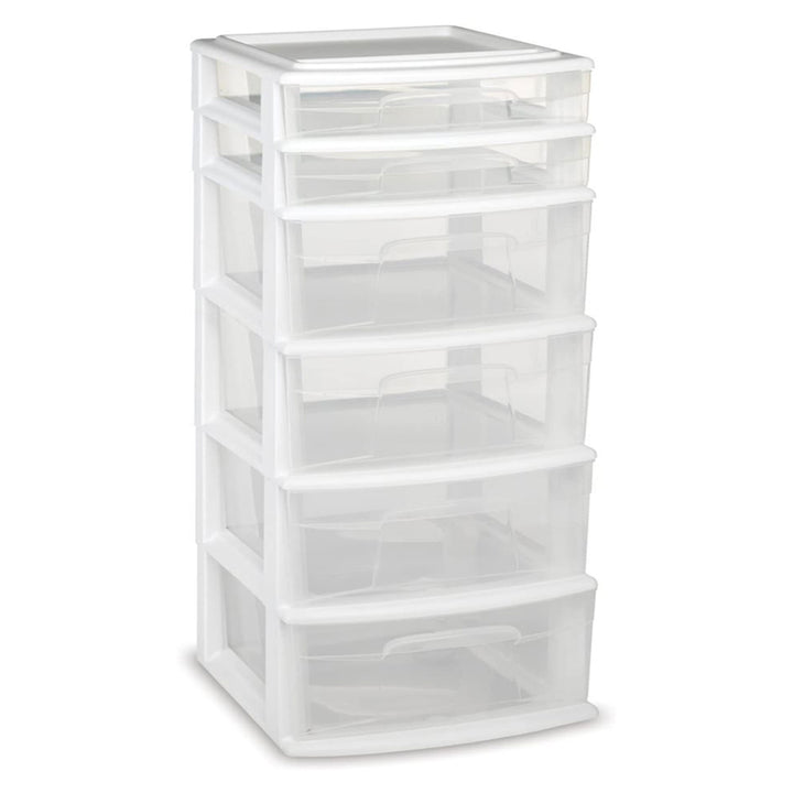 Homz Plastic 6 Clear Drawer Medium Home Storage Container Tower, White Frame - VMInnovations