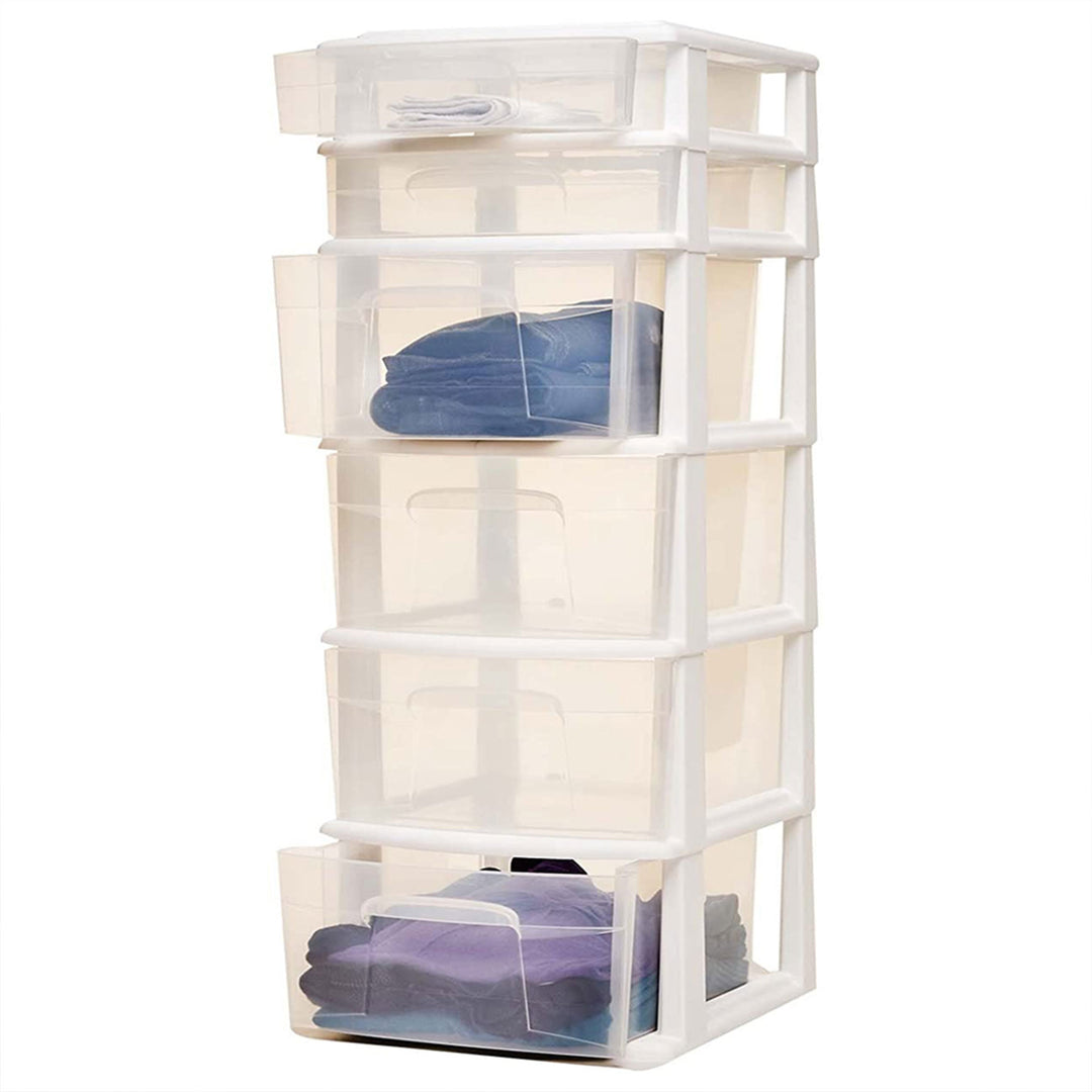 Homz Plastic 6 Clear Drawer Medium Home Storage Container Tower, White Frame