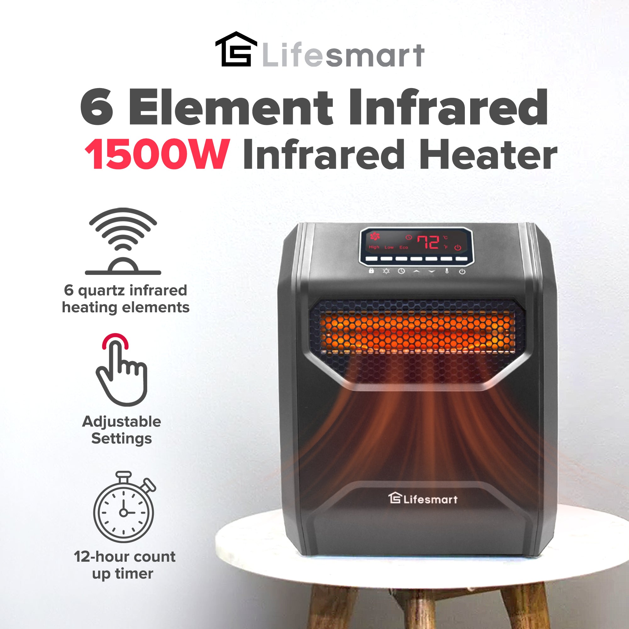 LifeSmart LifePro 1500W 6 Element Infrared Large Room Space Heater w/ Remote - VMInnovations