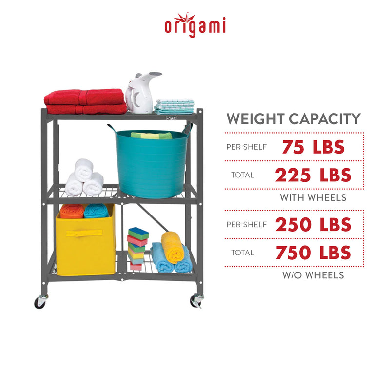 Origami R3 Foldable 3-Tiered Shelf Storage Rack & Wheels, Pewter (2 Pack)