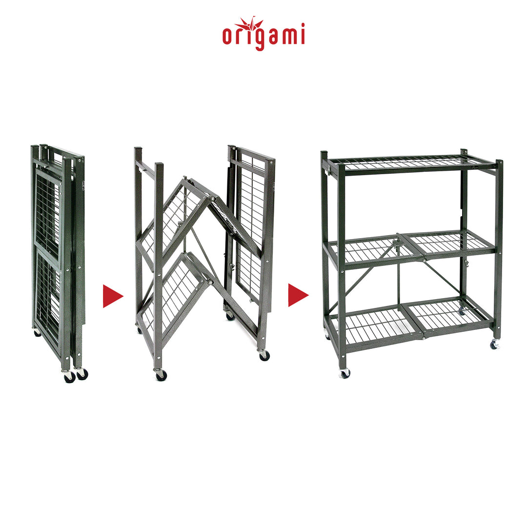 Origami R3 Foldable 3-Tiered Shelf Storage Rack & Wheels, Pewter (2 Pack)