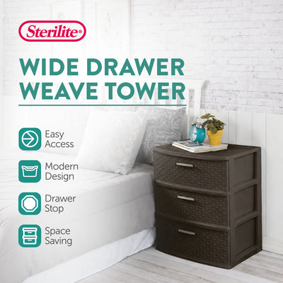 Sterilite 3 Drawer Wide Storage Tower, Plastic Weave Home Organizer, Espresso - VMInnovations