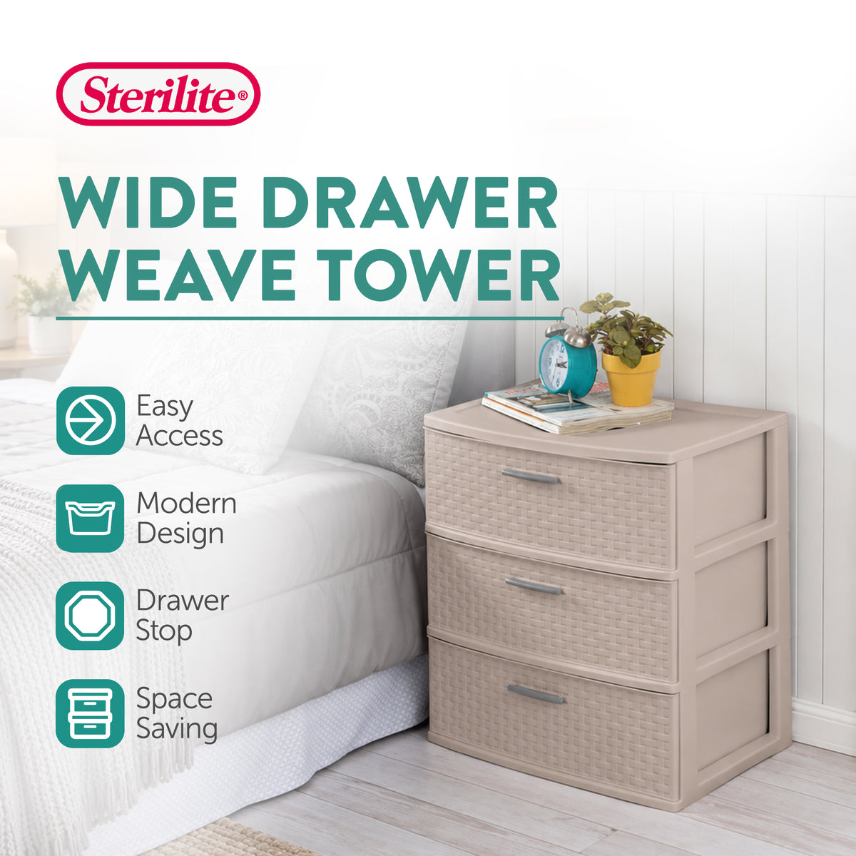 Sterilite 3 Drawer Wide Storage Tower, Weave Home Organizer, Grey Pumice, 2 Pack - VMInnovations