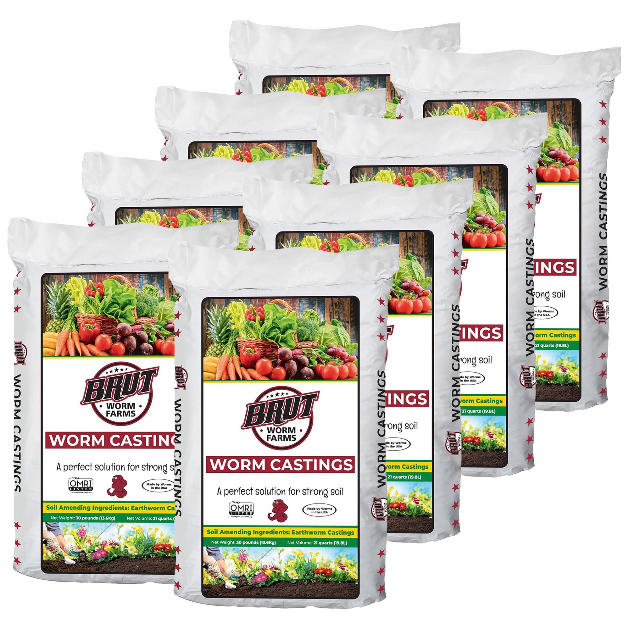 Brut Worm Farms Organic Worm Castings Soil Builder, 30 Pound Bag (8 Pack) - VMInnovations
