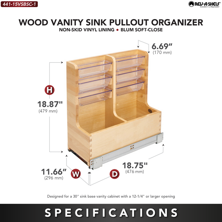 Rev-A-Shelf 30" Wood Vanity Base Cabinet Organizer w/ Soft-close, 441-15VSBSC-1