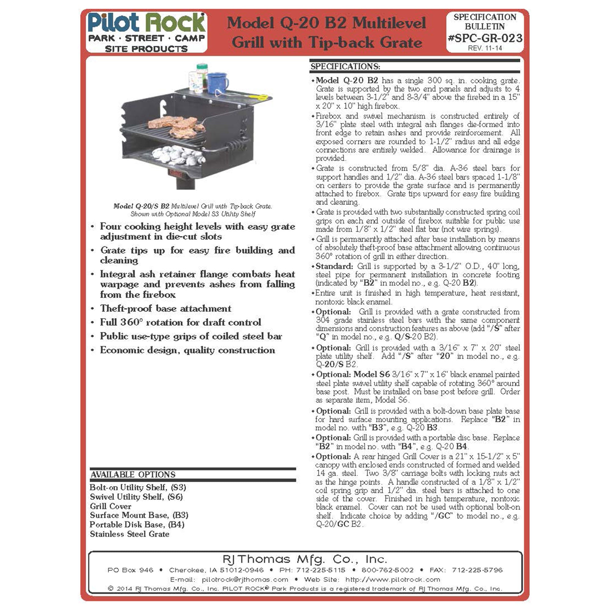 Pilot Rock Q-20 B2 Single Commercial Grade 20 Inch Park Style Charcoal Grill