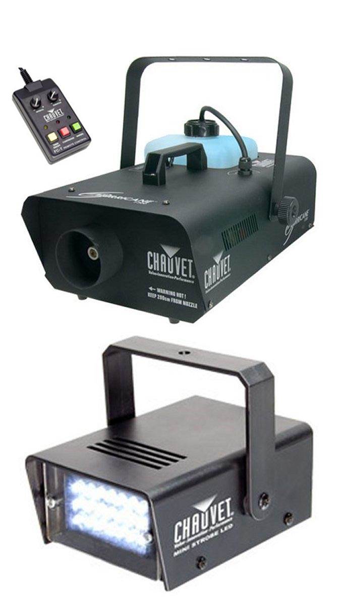 CHAUVET LED Mini Strobe Light + Hurricane H1300 Fog Smoke Machine + FC-T Remote