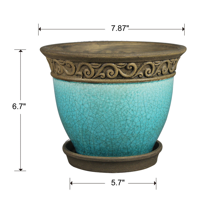 Southern Patio Cadiz 8" Crackled Ceramic Planter Pot w/Saucer, Teal (2 Pack)